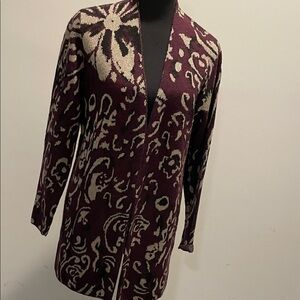Fair Lady Longline Print Cardigan Size 4 Plum Gold Shimmer Duster Style Glam